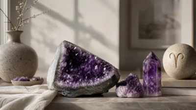 Aries March 2026 monthly horoscope with Amethyst as crystal of the month, zodiac symbol ♈