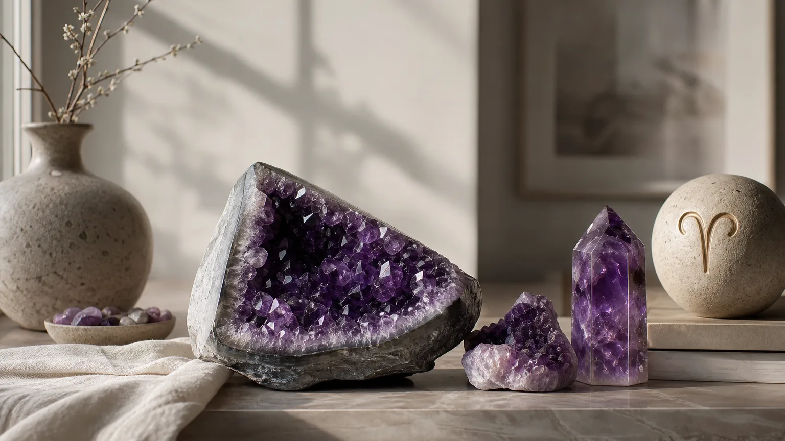 Aries March 2026 monthly horoscope with Amethyst as crystal of the month, zodiac symbol ♈