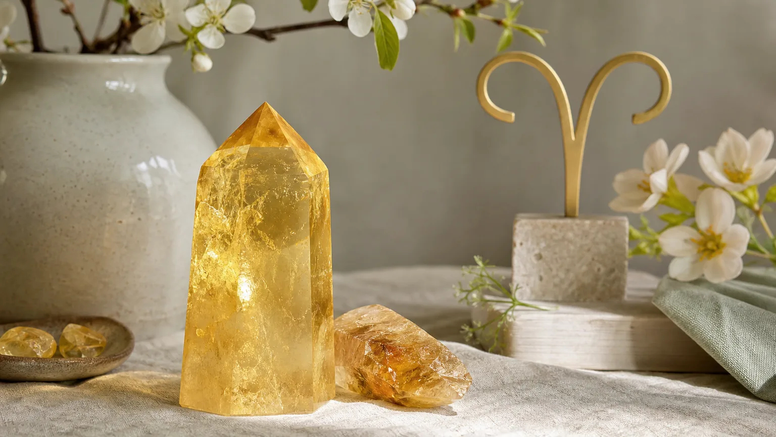 Aries May 2026 monthly horoscope with Citrine as crystal of the month, zodiac symbol ♈