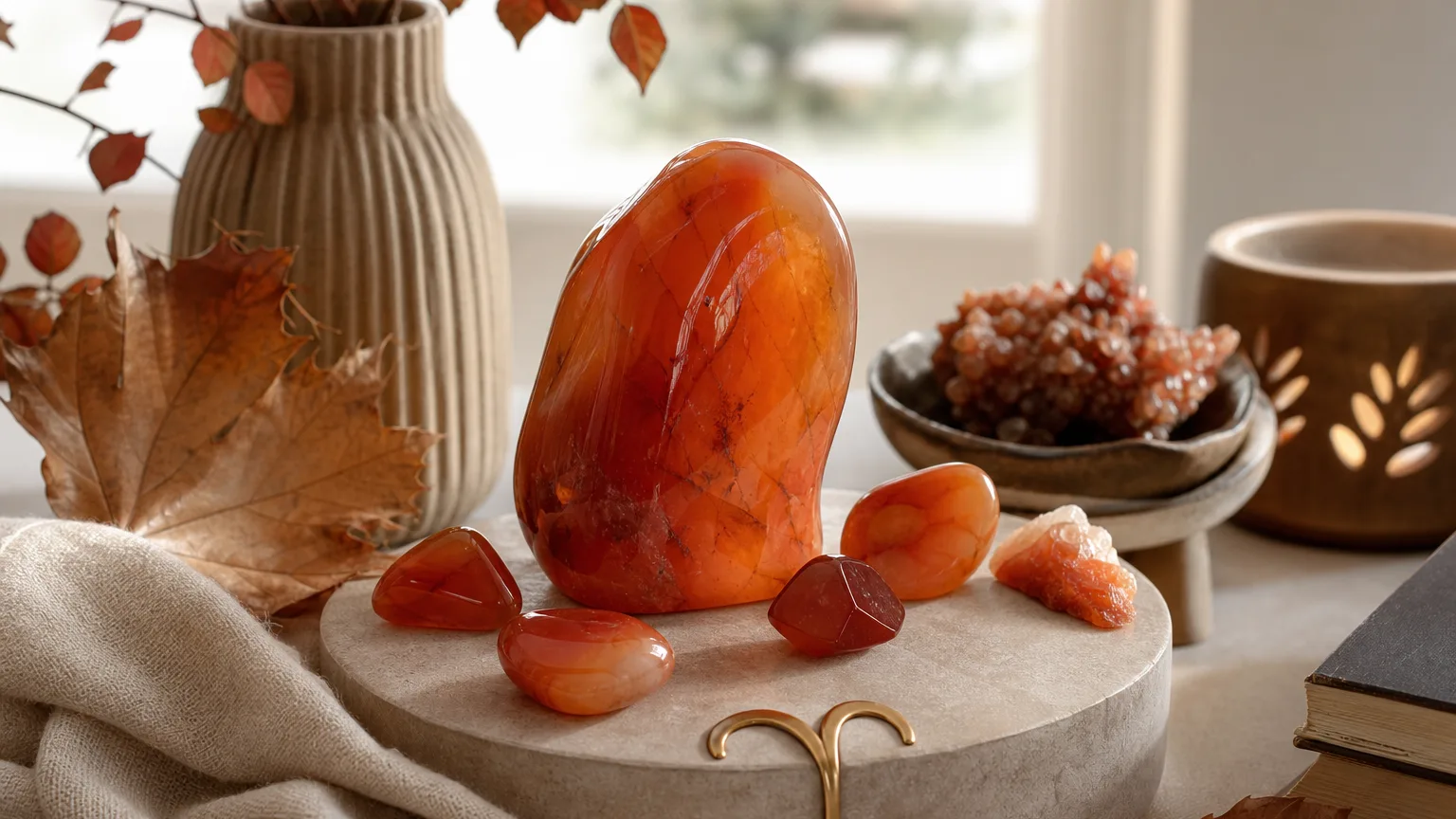 Aries November 2026 monthly horoscope with Carnelian as crystal of the month, zodiac symbol ♈