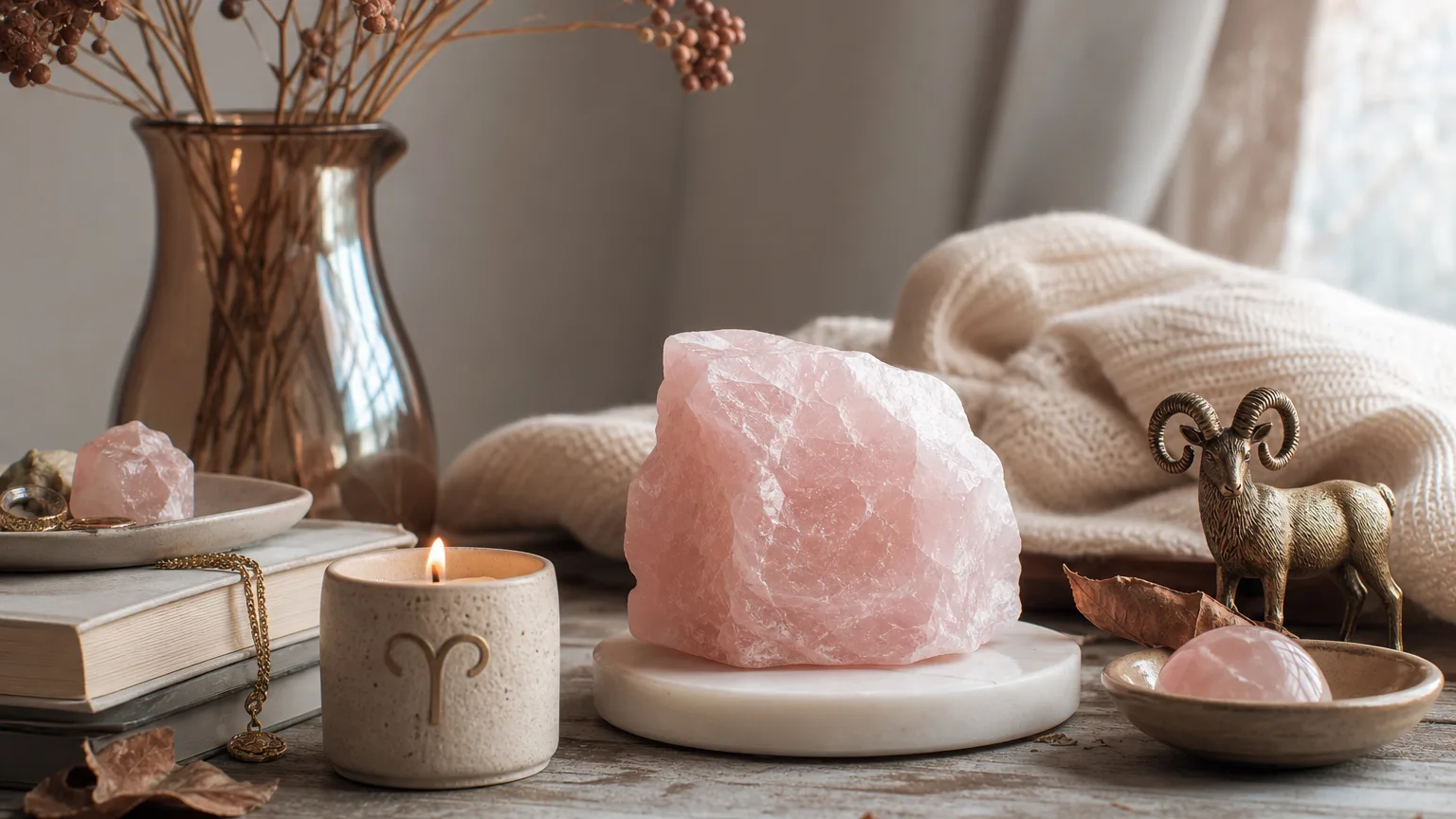 Aries October 2026 monthly horoscope with Rose Quartz as crystal of the month, zodiac symbol ♈