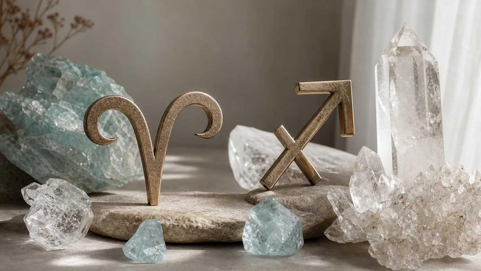Aries and Sagittarius compatibility with Aquamarine, Herkimer Diamond, and Quartz crystals arranged with zodiac symbols ♈ and ♐