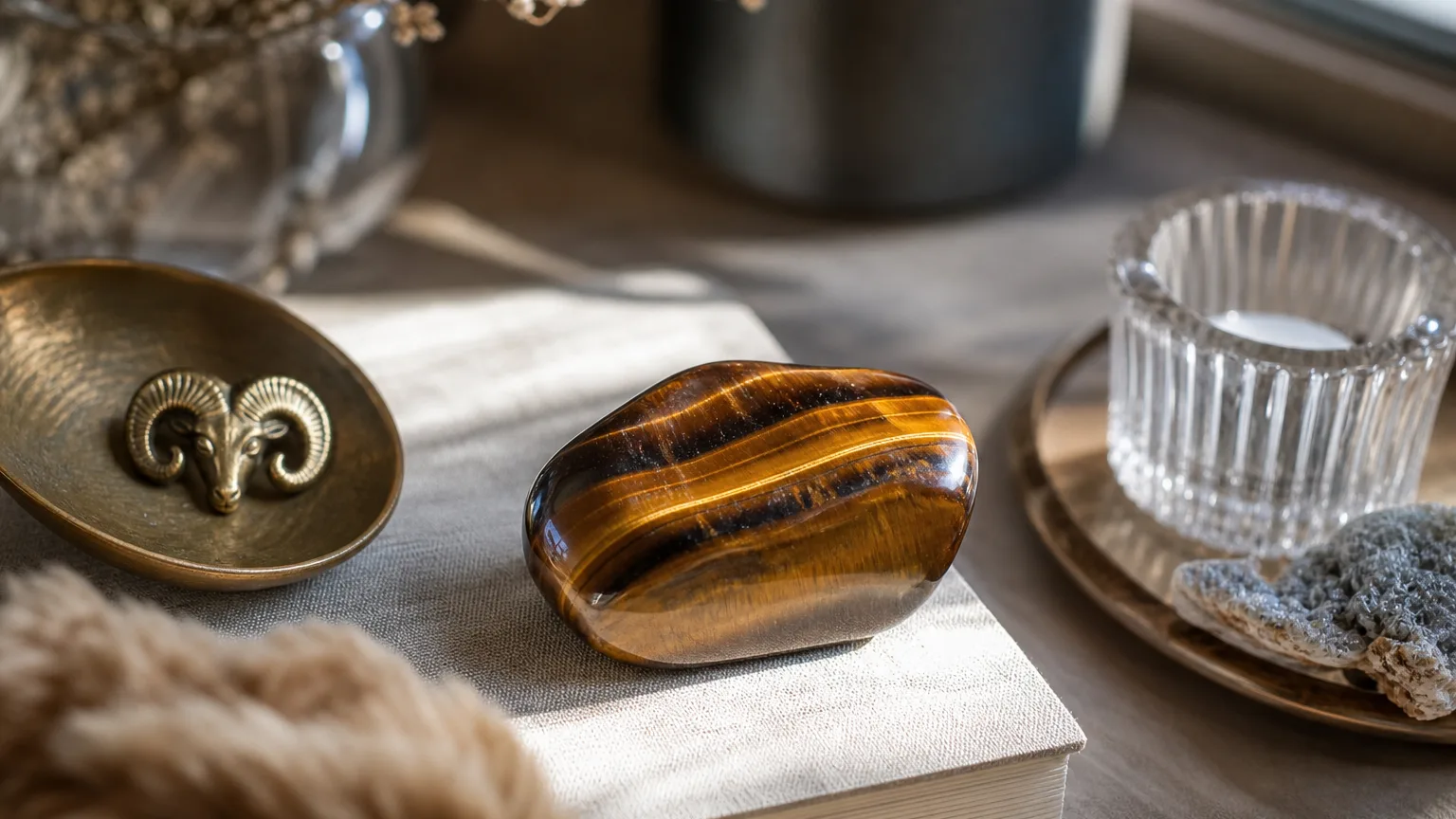 Aries September 2026 monthly horoscope with Tiger's Eye as crystal of the month, zodiac symbol ♈