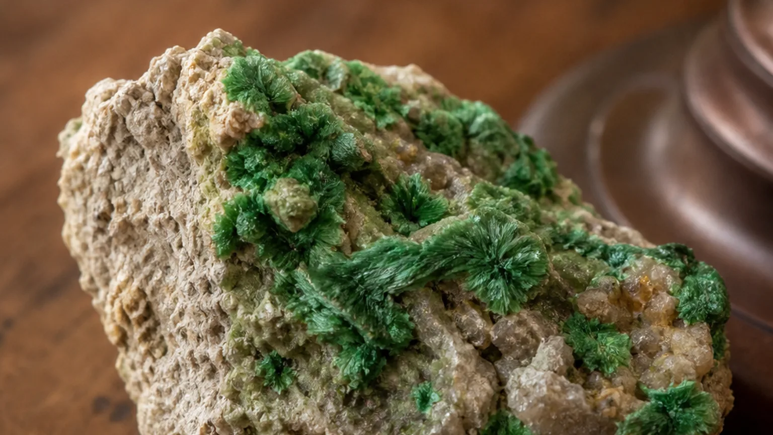 Arthurrite green tufts on matrix kept for display
