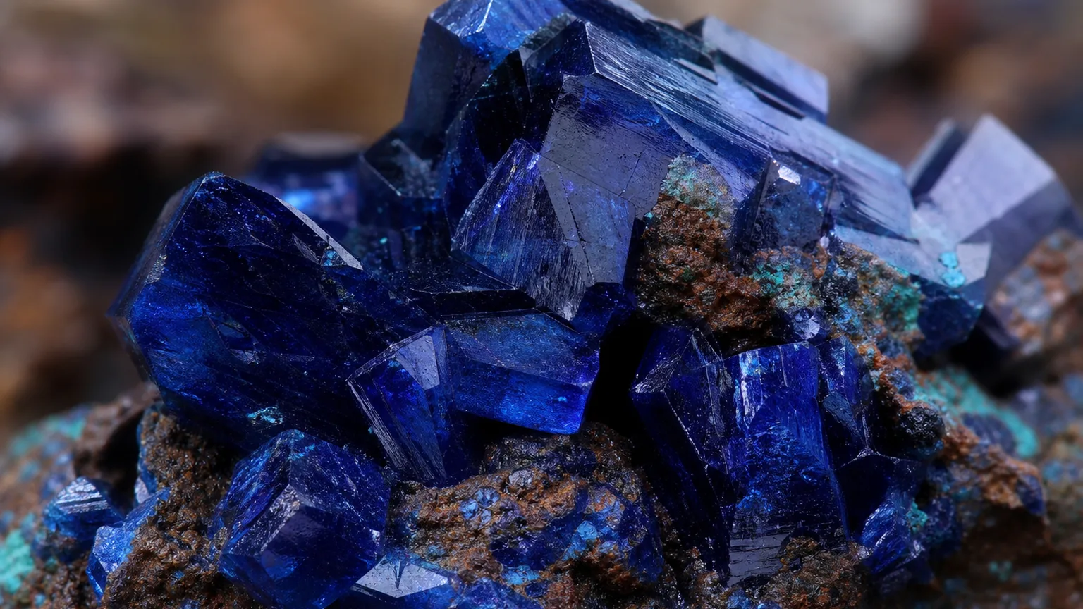 Azurite Meaning: Healing Properties & Uses 2 Azurite deep blue copper carbonate crystals close-up