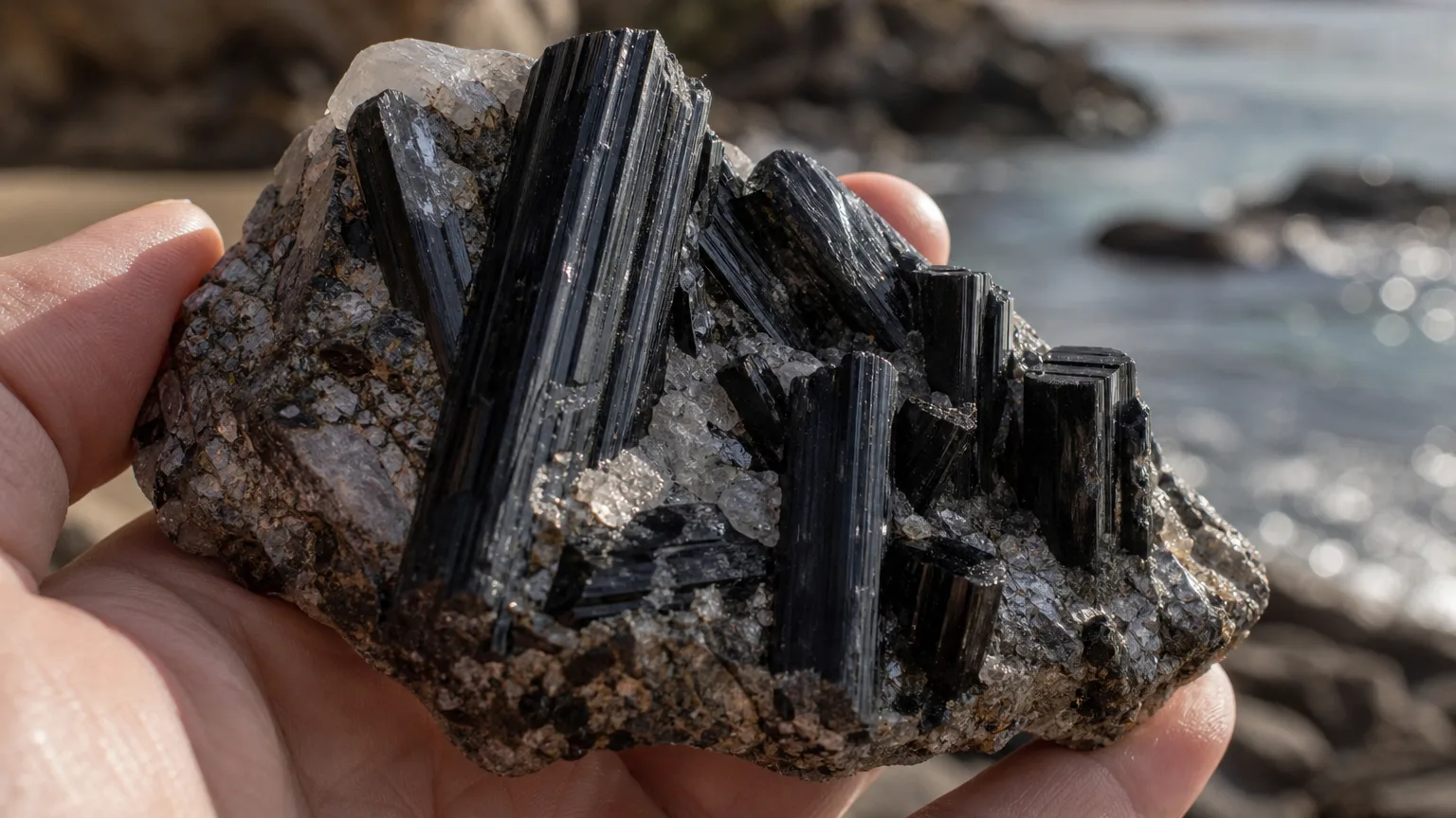 Babingtonite Meaning: Healing Properties & Uses 5 Babingtonite black prismatic crystals on matrix