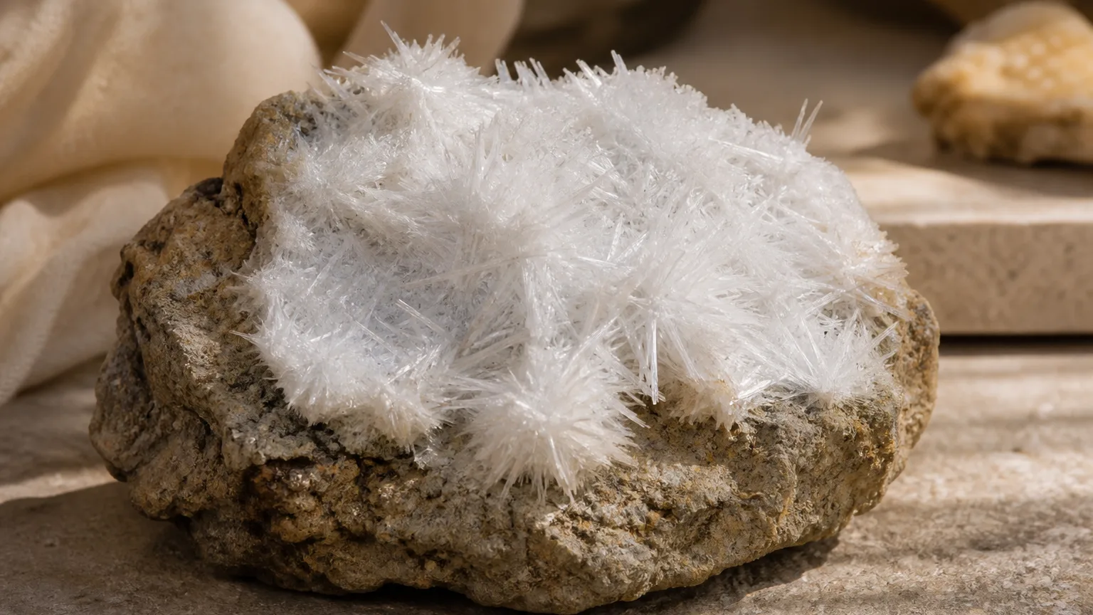 Bavenite white fibrous radiating mass on matrix