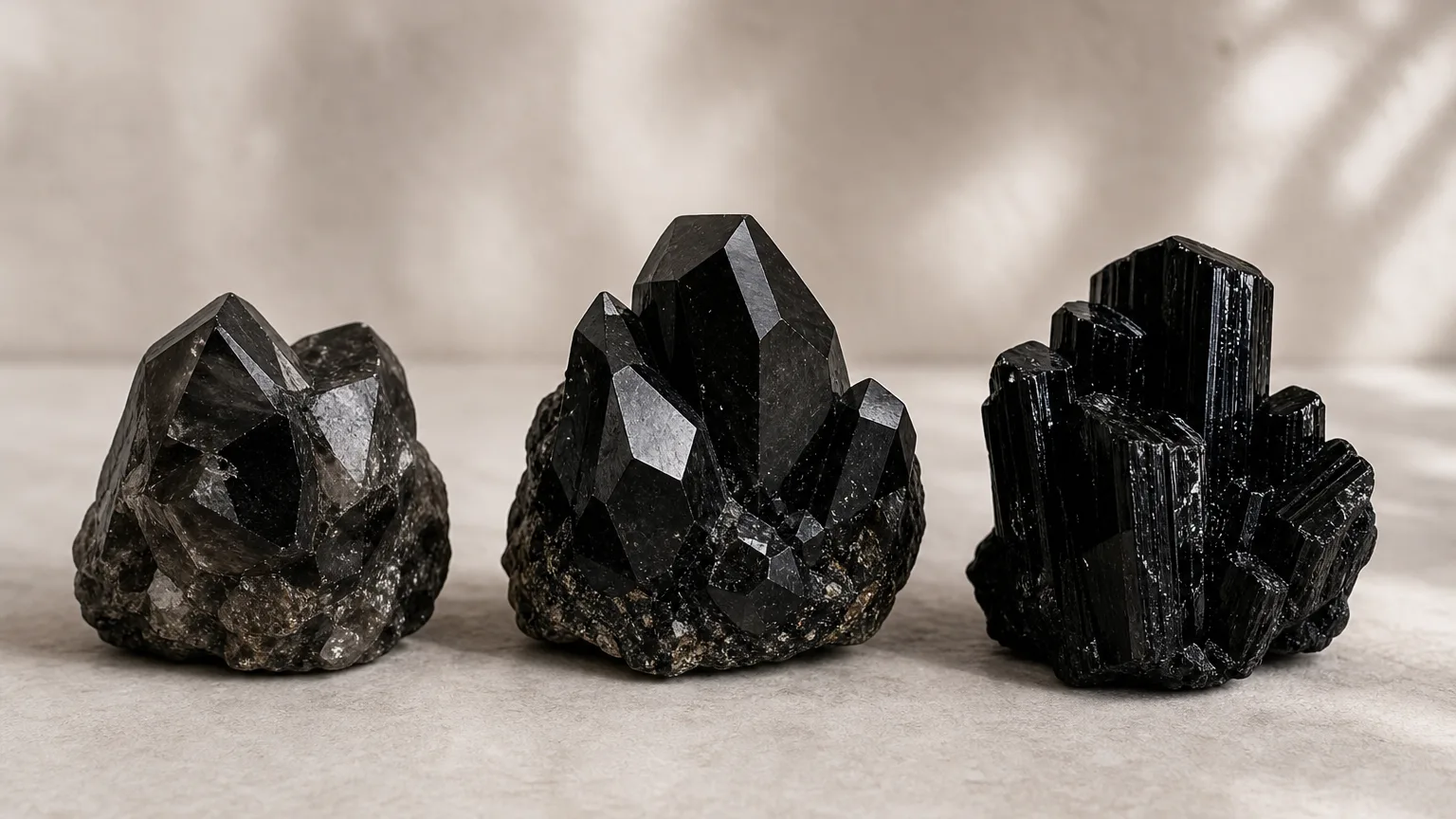 A shade guide of black crystals showing light, medium and deep black samples side by side for identification, even studio light, reference chart style