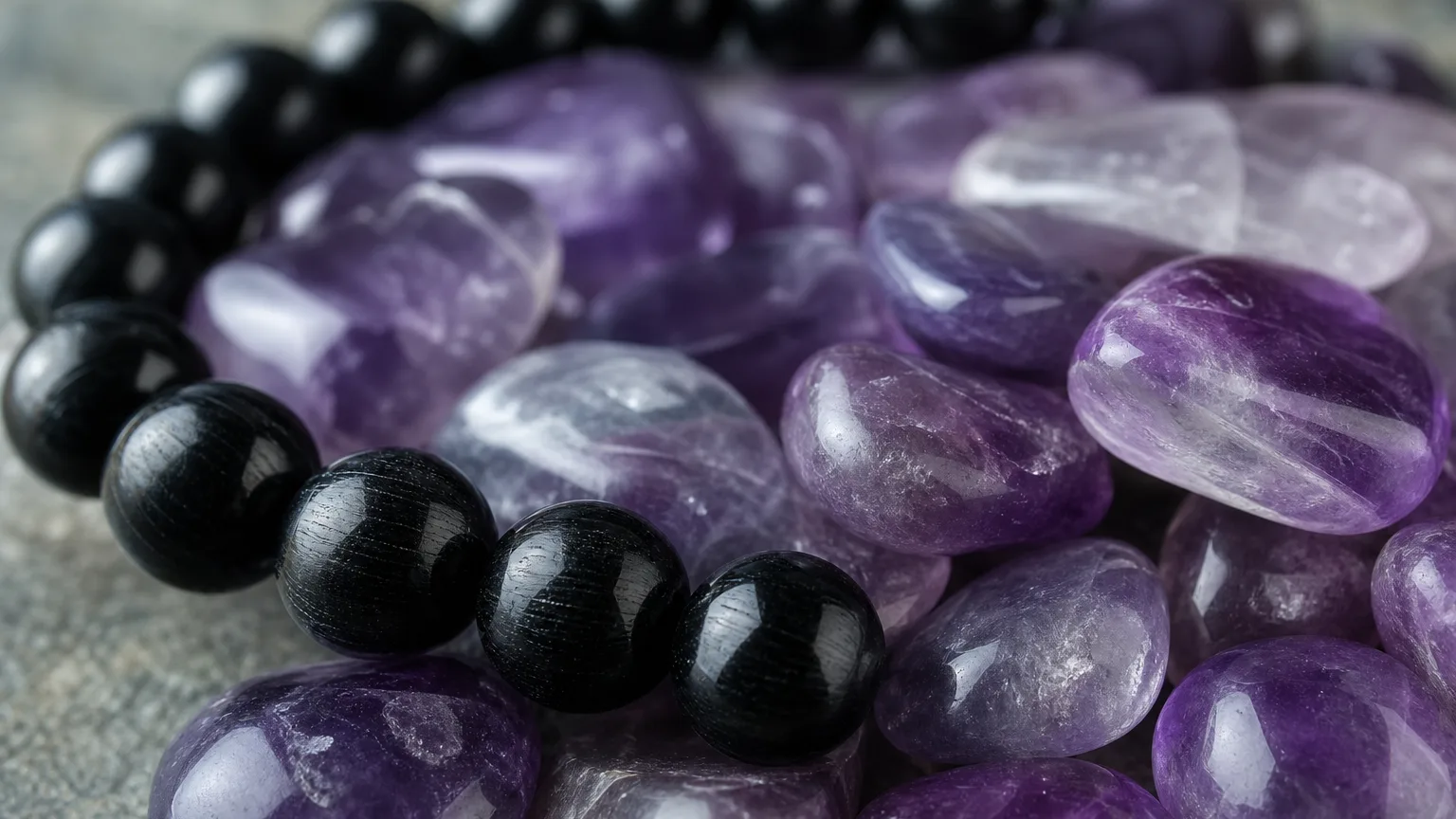 A macro close-up of black Black Tourmaline (bead bracelet) and purple Fluorite (tumbled) crystals arranged together in one frame, both stones touching, fine surface textures visible, soft even studio light