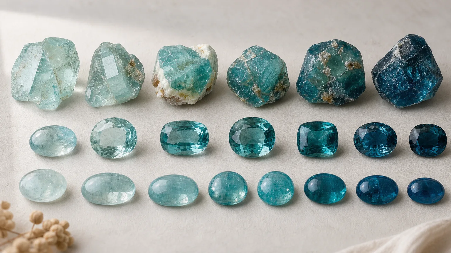 A shade guide of blue-green crystals showing light, medium and deep blue-green samples side by side for identification, even studio light, reference chart style