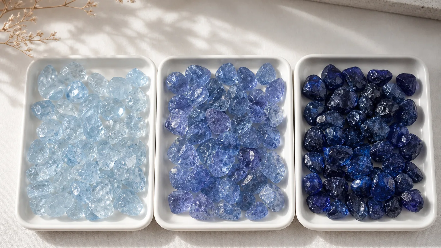 A shade guide of blue crystals showing light, medium and deep blue samples side by side for identification, even studio light, reference chart style