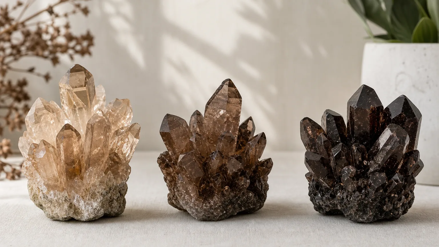 A shade guide of brown crystals showing light, medium and deep brown samples side by side for identification, even studio light, reference chart style