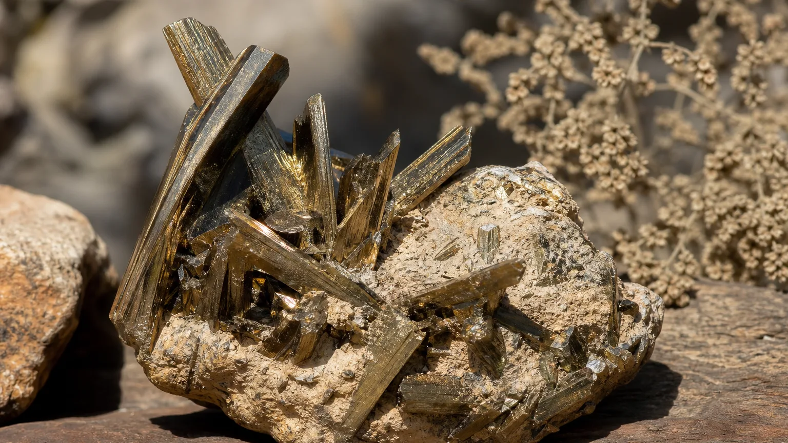 Calaverite Meaning: Healing Properties & Uses 5 Calaverite metallic bladed crystals on matrix