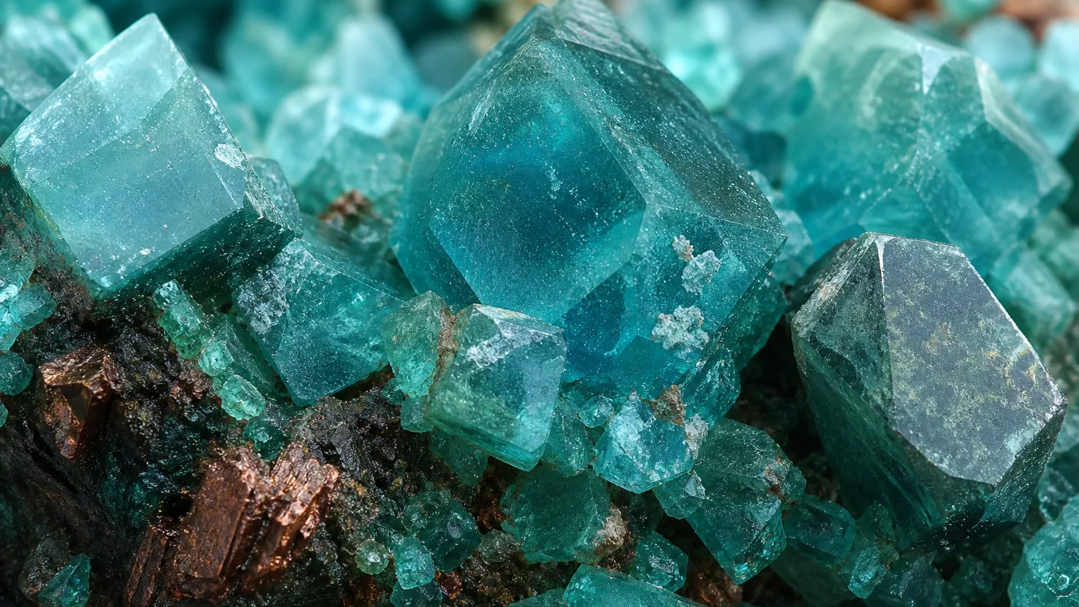 Caledonite Meaning: Healing Properties & Uses 2 Caledonite blue-green copper-lead crystals close-up