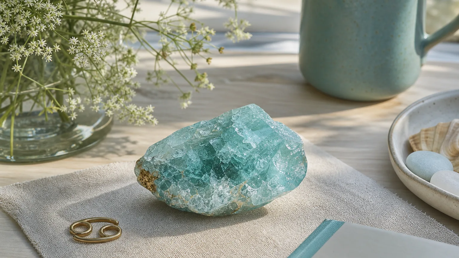 Cancer April 2026 monthly horoscope with Aquamarine as crystal of the month, zodiac symbol ♋