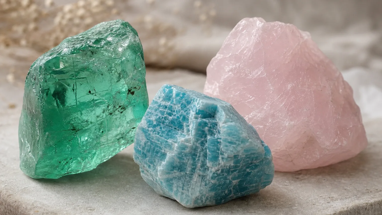 The best crystal pair for Cancer and Aquarius: Emerald, Amazonite, and Rose Quartz shown together