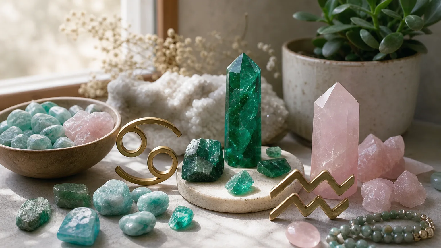 Cancer and Aquarius compatibility with Emerald, Amazonite, and Rose Quartz crystals arranged with zodiac symbols ♋ and ♒