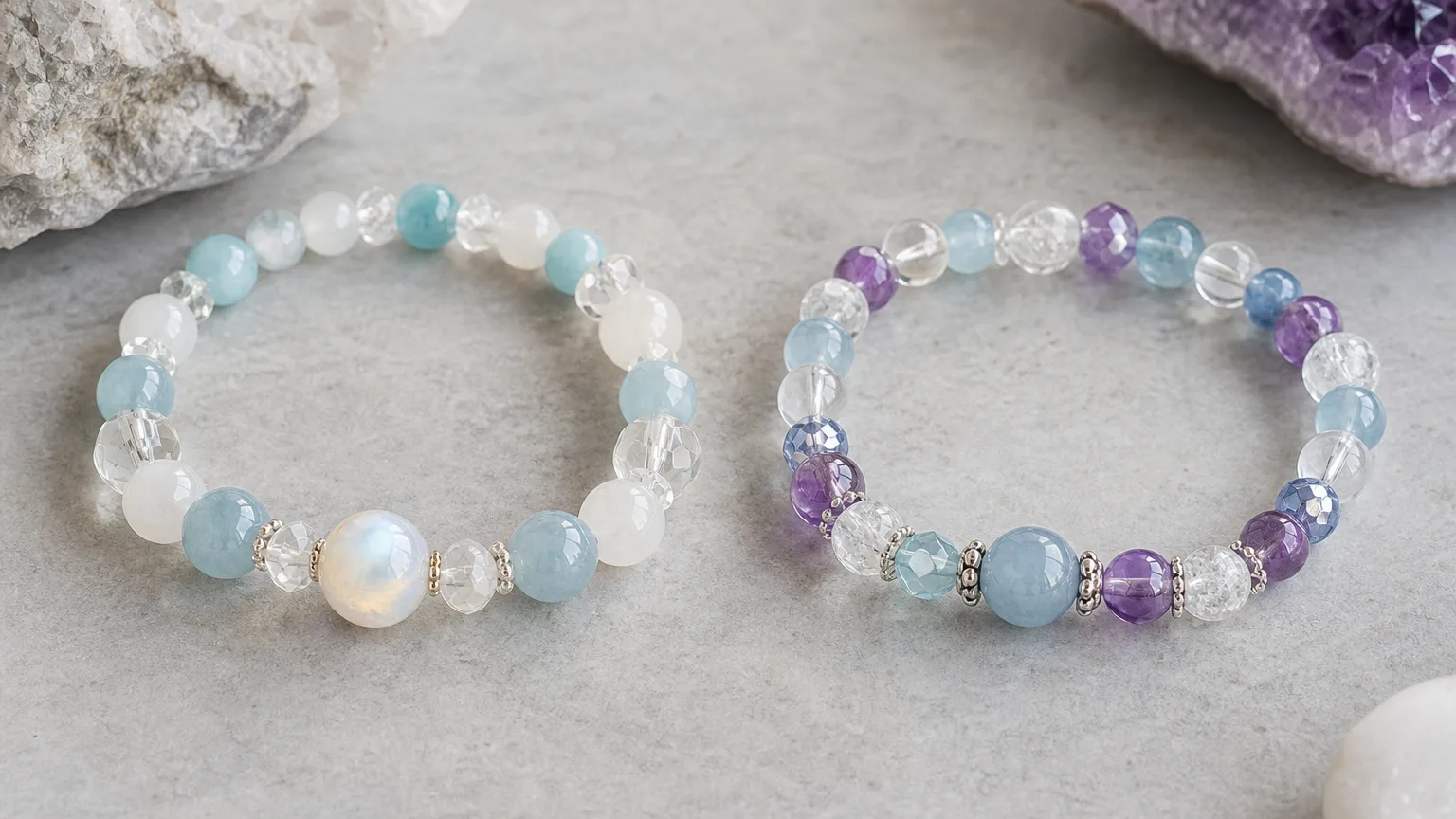 How Cancer and Aquarius can use crystals together: two crystal bracelets side by side