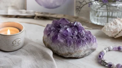 Cancer August 2026 monthly horoscope with Amethyst as crystal of the month, zodiac symbol ♋