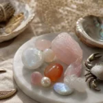 Best crystals for Cancer: Moonstone, Rose Quartz, Carnelian, Pearl and more arranged with a Cancer crab and crescent moon motif