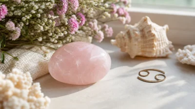 Cancer July 2026 monthly horoscope with Rose Quartz as crystal of the month, zodiac symbol ♋