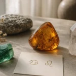 Cancer and Leo compatibility with Emerald, Amber, and Quartz crystals arranged with zodiac symbols ♋ and ♌
