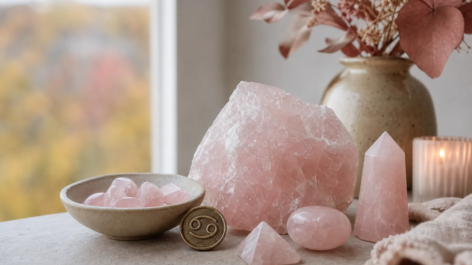 Cancer October 2026 monthly horoscope with Rose Quartz as crystal of the month, zodiac symbol ♋