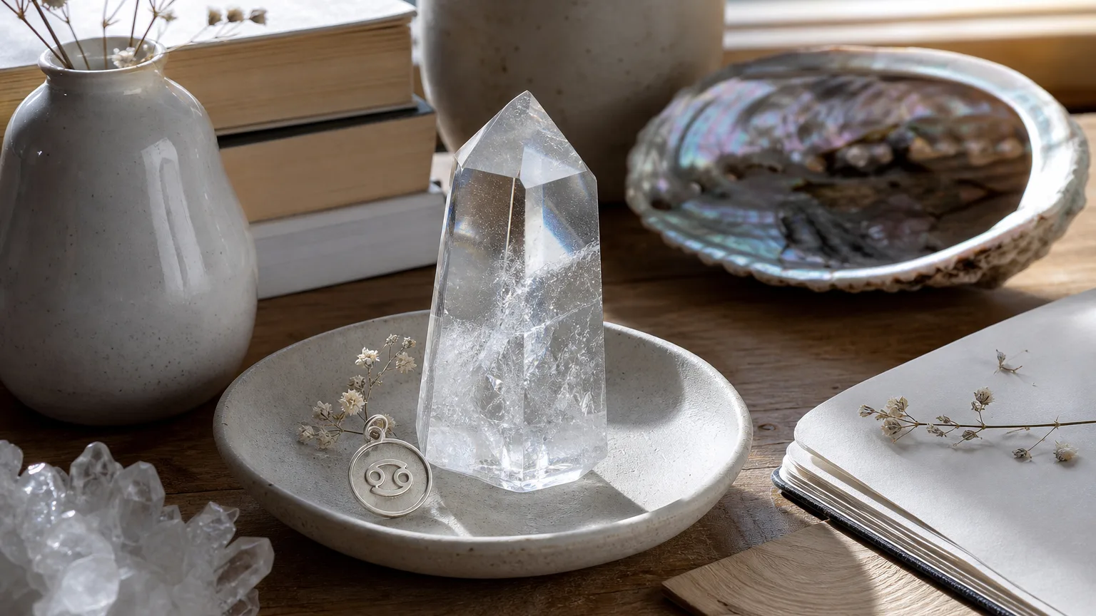 Cancer September 2026 monthly horoscope with Clear Quartz as crystal of the month, zodiac symbol ♋