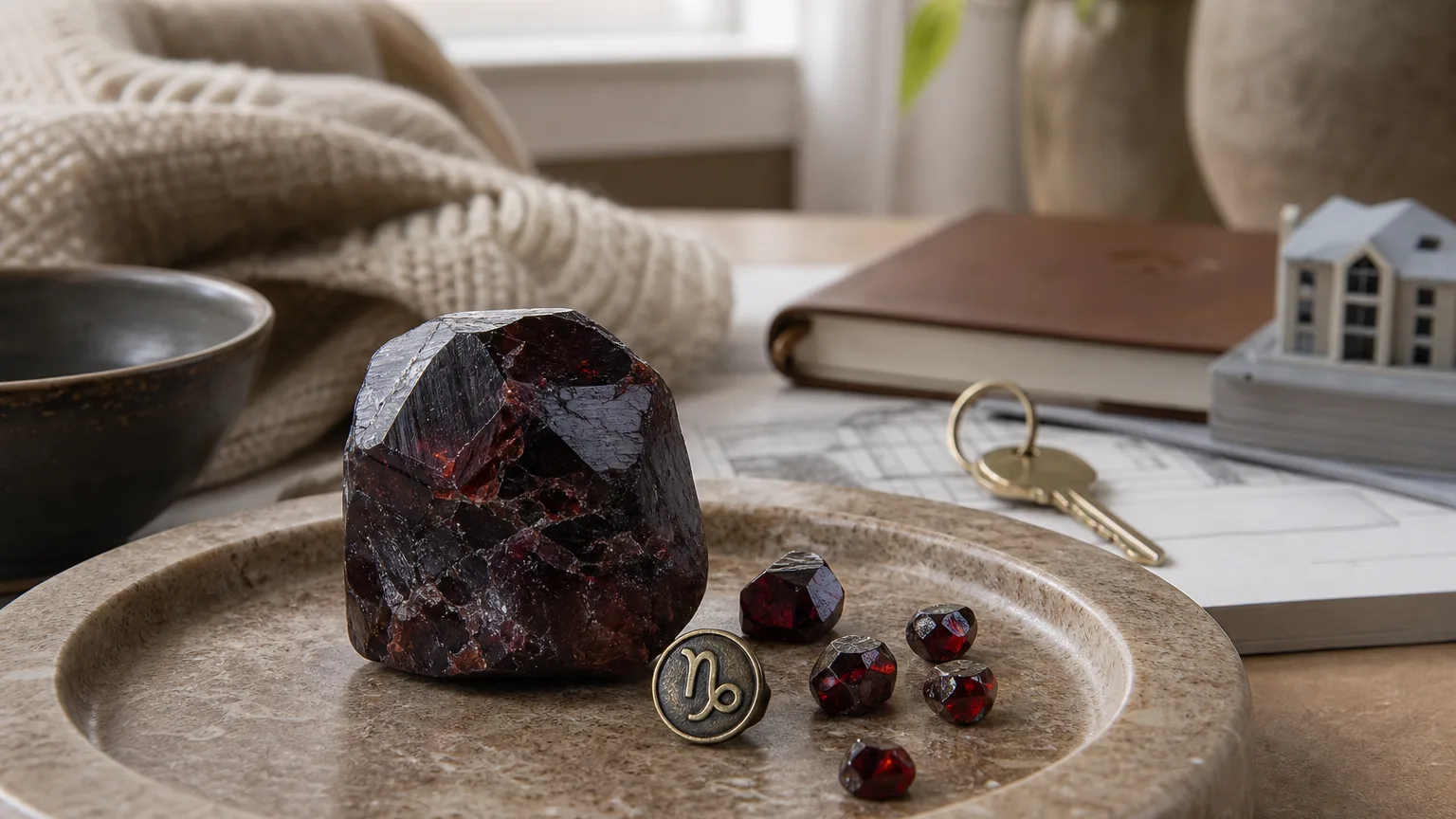 Capricorn 2026 yearly horoscope with Garnet as crystal of the year, zodiac symbol ♑, representing home, family, and career foundation