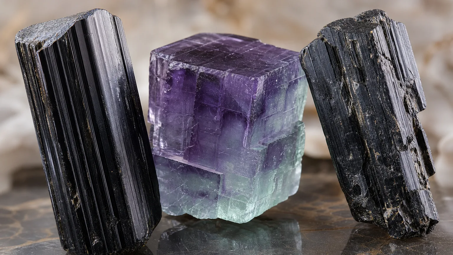 The best crystal pair for Capricorn and Capricorn: Black Tourmaline, Fluorite, and Black Tourmaline shown together