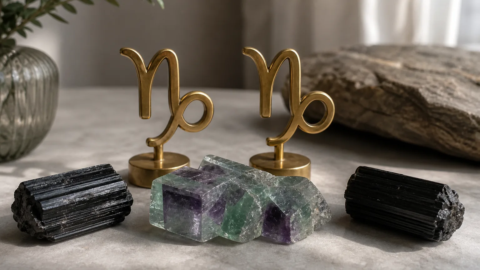 Capricorn and Capricorn compatibility with Black Tourmaline, Fluorite, and Black Tourmaline crystals arranged with zodiac symbols ♑ and ♑