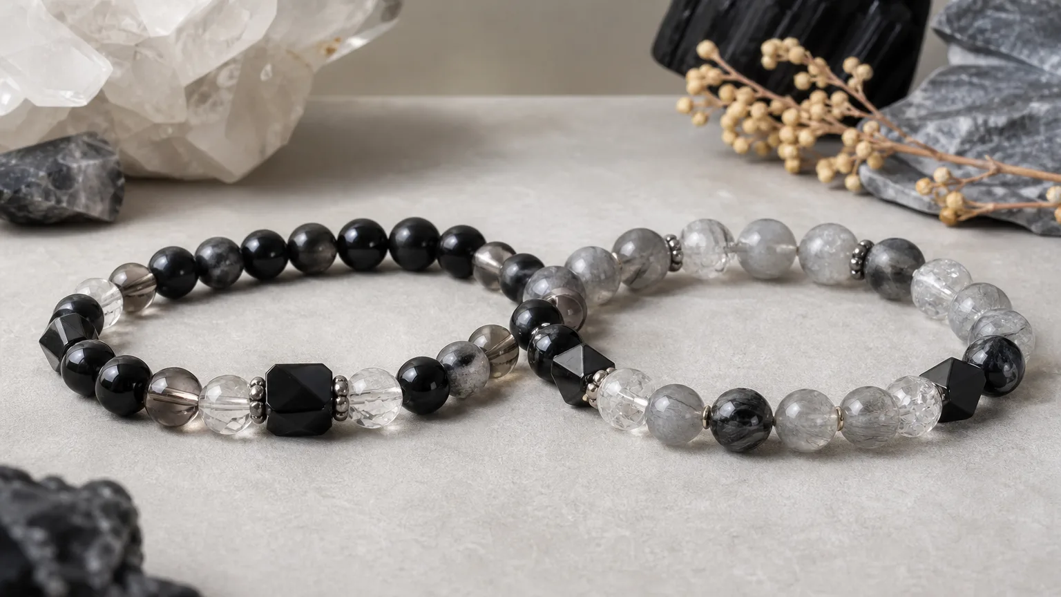 How Capricorn and Capricorn can use crystals together: two crystal bracelets side by side