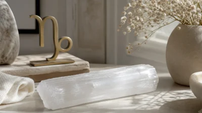 Capricorn July 2026 monthly horoscope with Selenite as crystal of the month, zodiac symbol ♑
