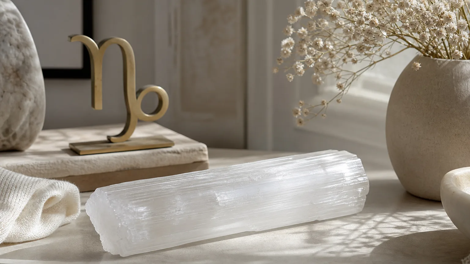 Capricorn July 2026 monthly horoscope with Selenite as crystal of the month, zodiac symbol ♑