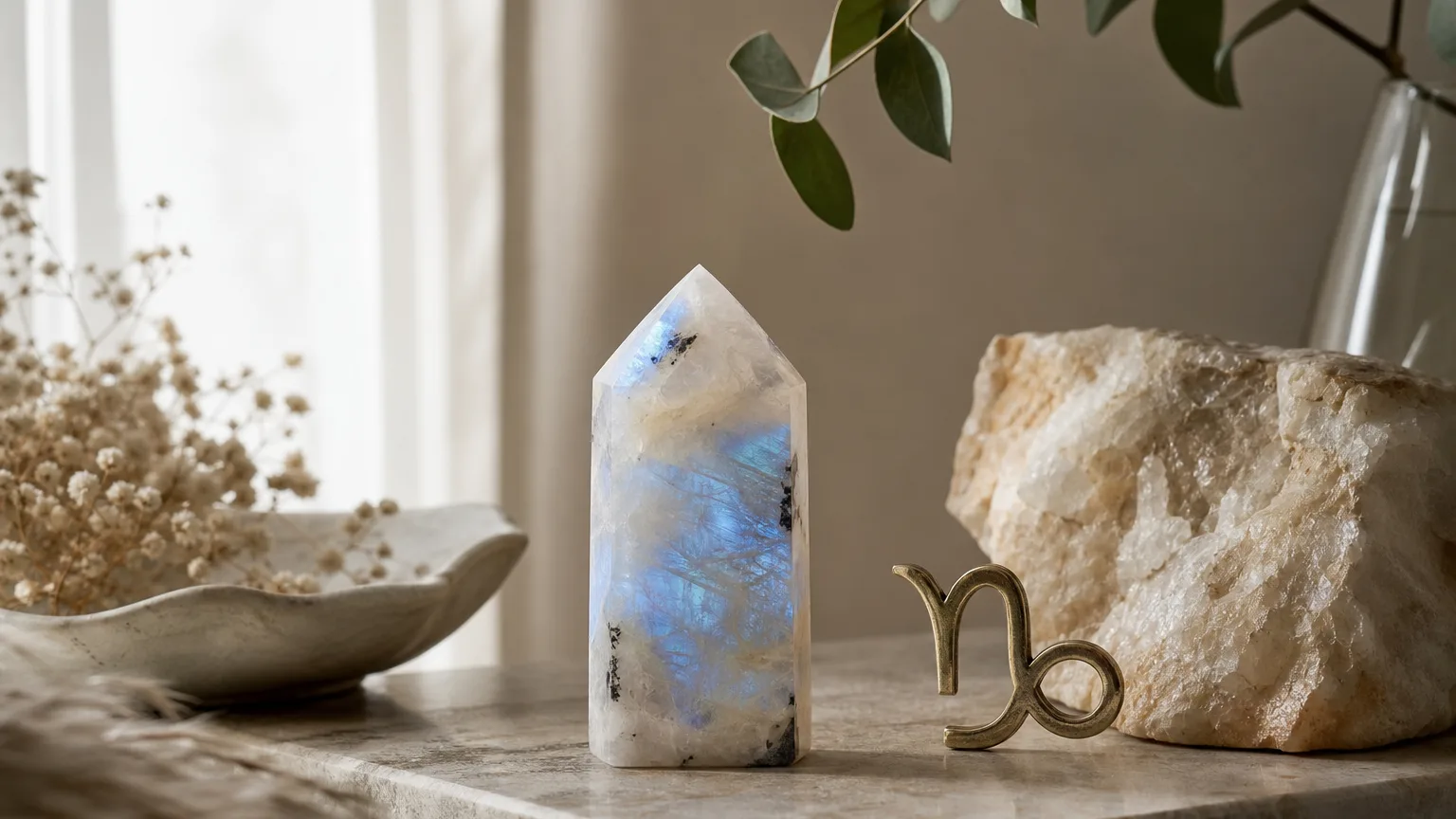 Capricorn June 2026 monthly horoscope with Moonstone as crystal of the month, zodiac symbol ♑