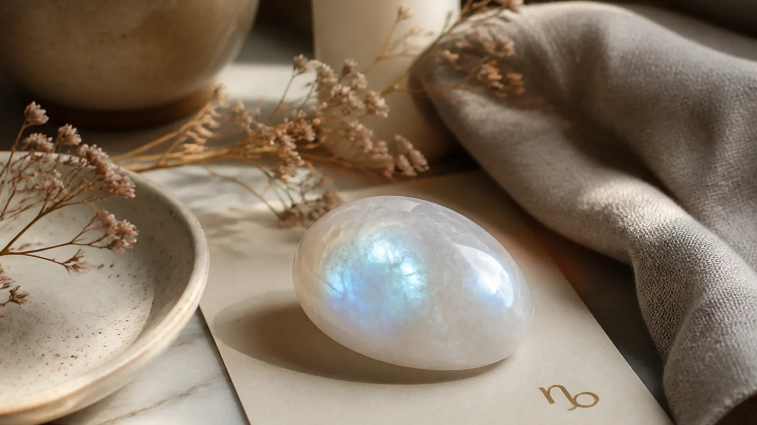 Capricorn March 2026 monthly horoscope with Moonstone as crystal of the month, zodiac symbol ♑