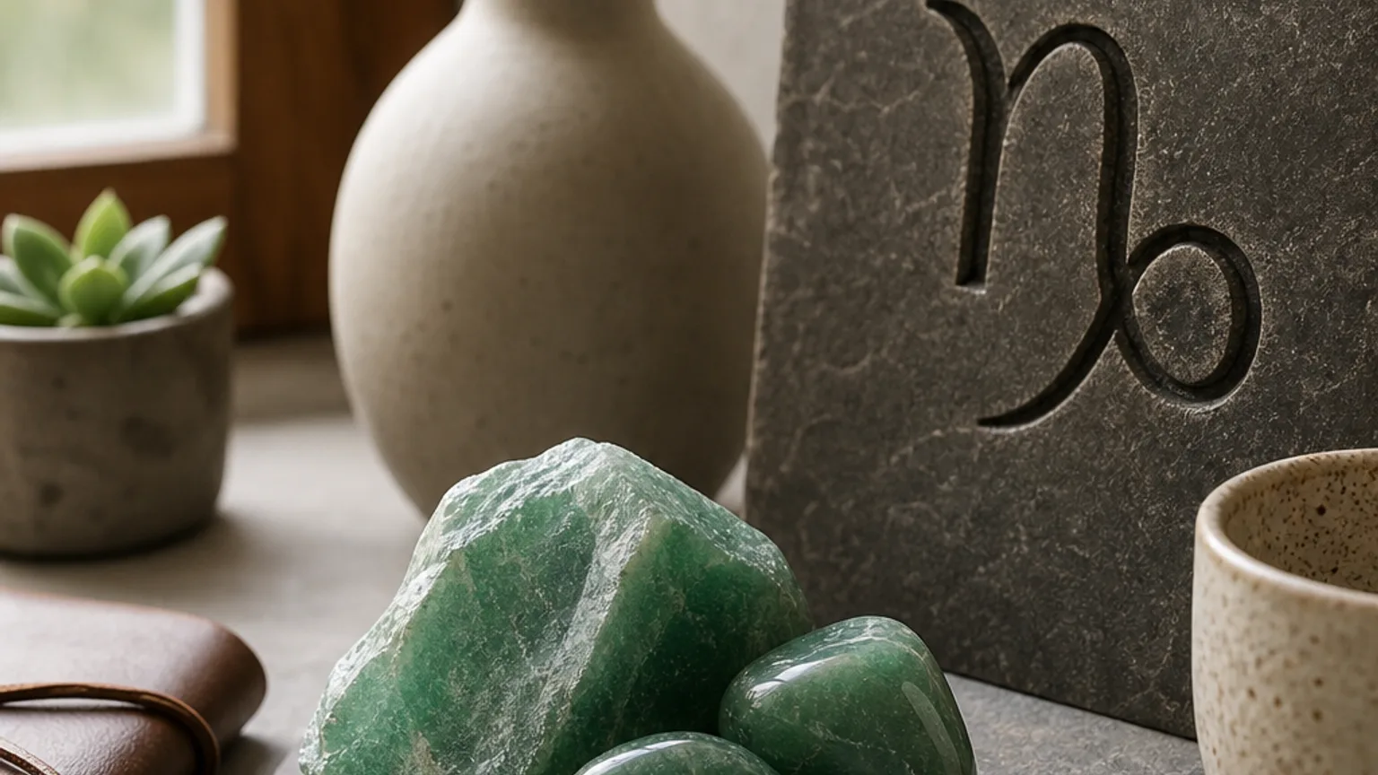 Capricorn May 2026 monthly horoscope with Green Aventurine as crystal of the month, zodiac symbol ♑