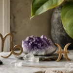 Capricorn and Pisces compatibility with Black Tourmaline, Amethyst, and Quartz crystals arranged with zodiac symbols ♑ and ♓