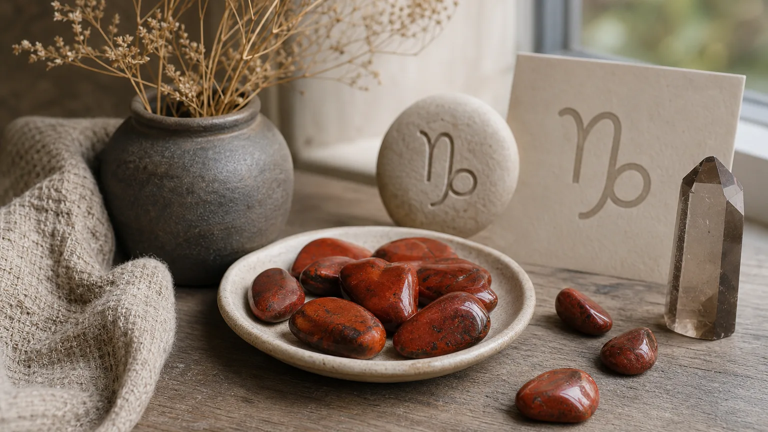Capricorn September 2026 monthly horoscope with Red Jasper as crystal of the month, zodiac symbol ♑