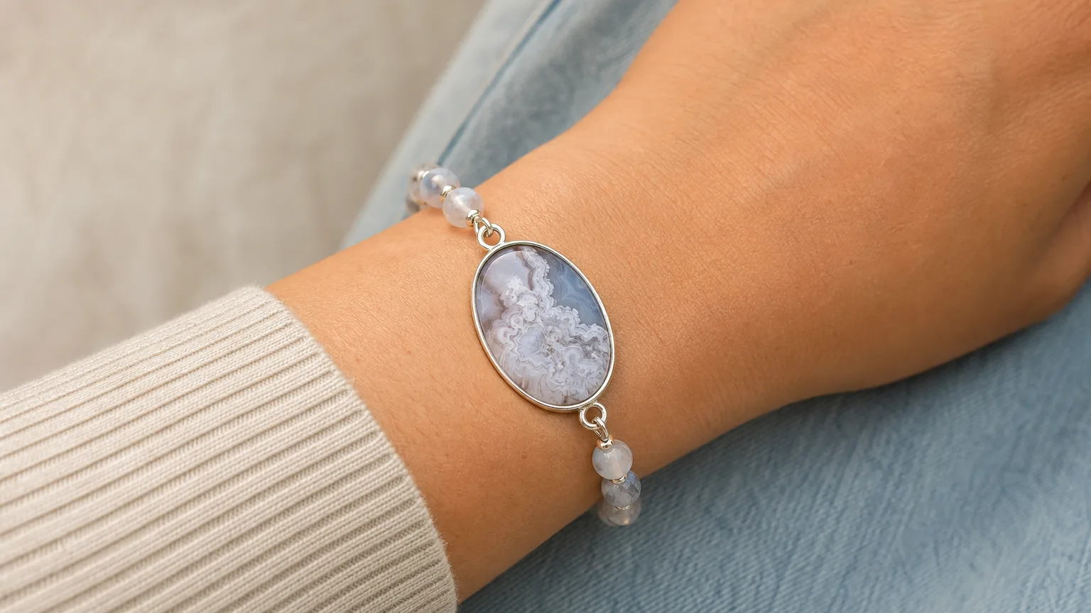 Cloud Agate Meaning: Healing Properties & Uses 4 Cloud agate cabochon and beads used for calm and a balanced mind