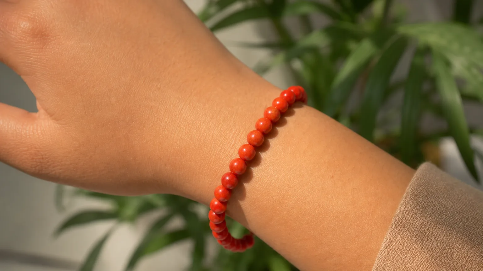 Coral bead bracelet worn on the wrist for daily use