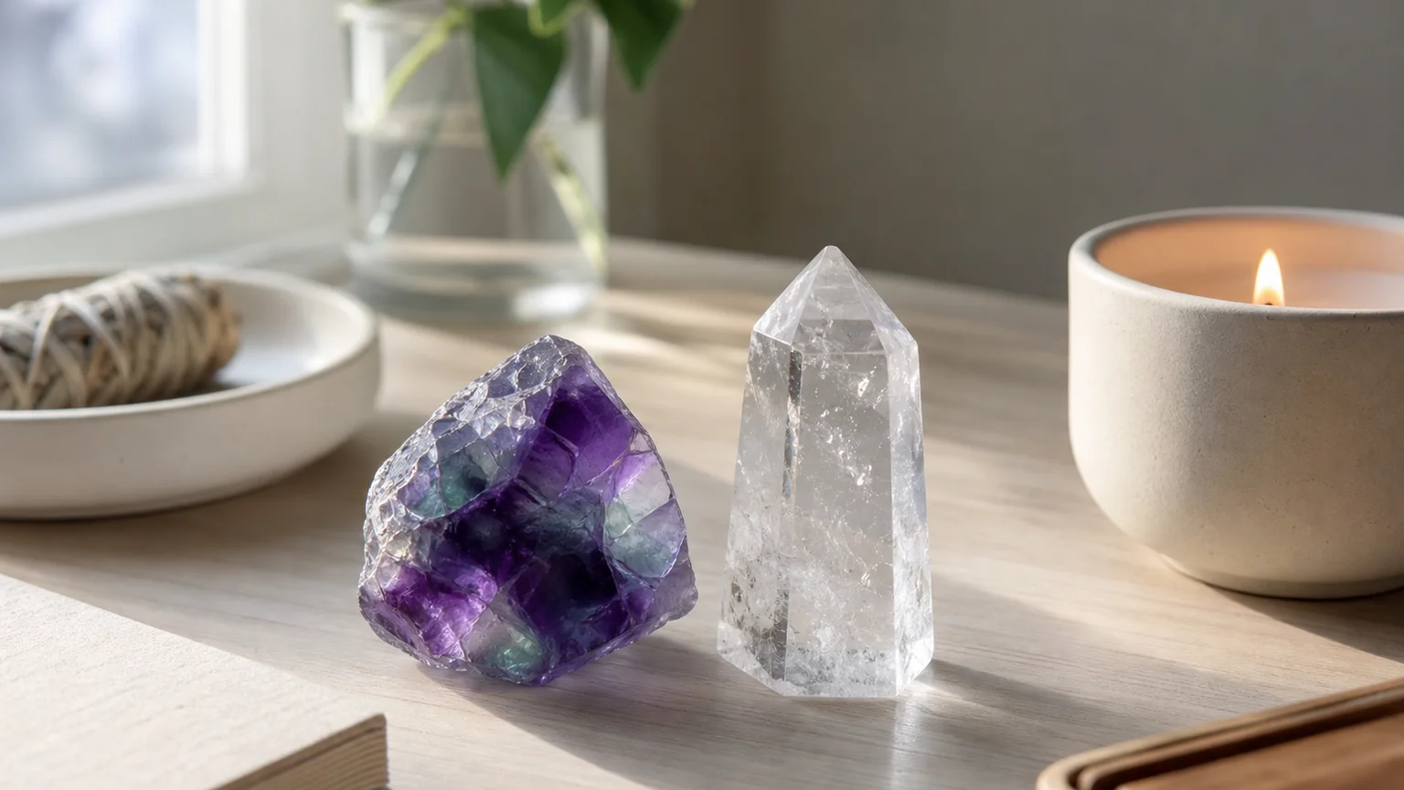 A single fluorite crystal and a clear quartz point resting on a clean desk beside a lit candle, soft directional light, uncluttered calm workspace