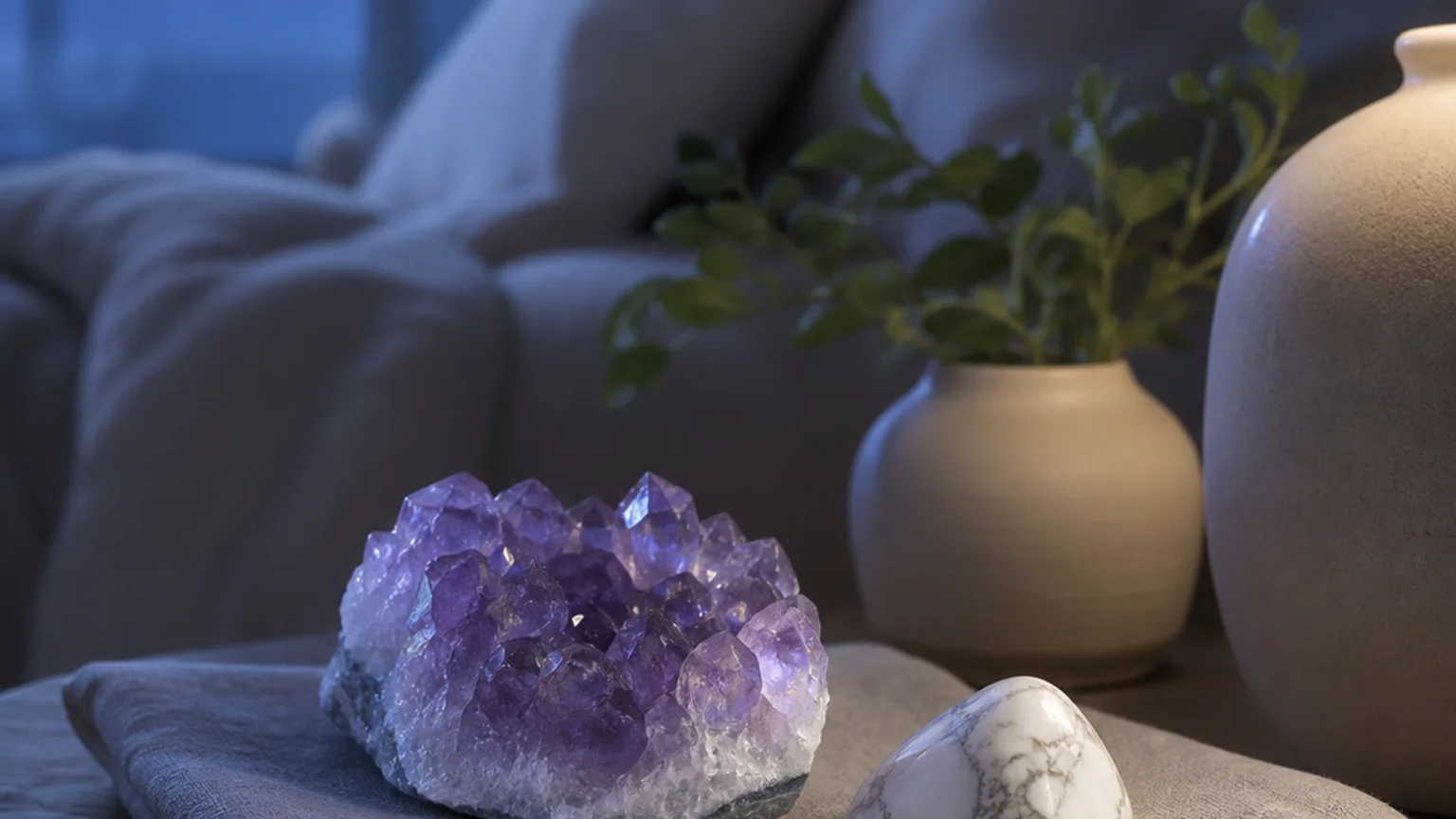 An amethyst and a piece of howlite resting on a folded linen cloth on a nightstand beside a dim bedside lamp, soft moonlit blue tones, calm bedroom