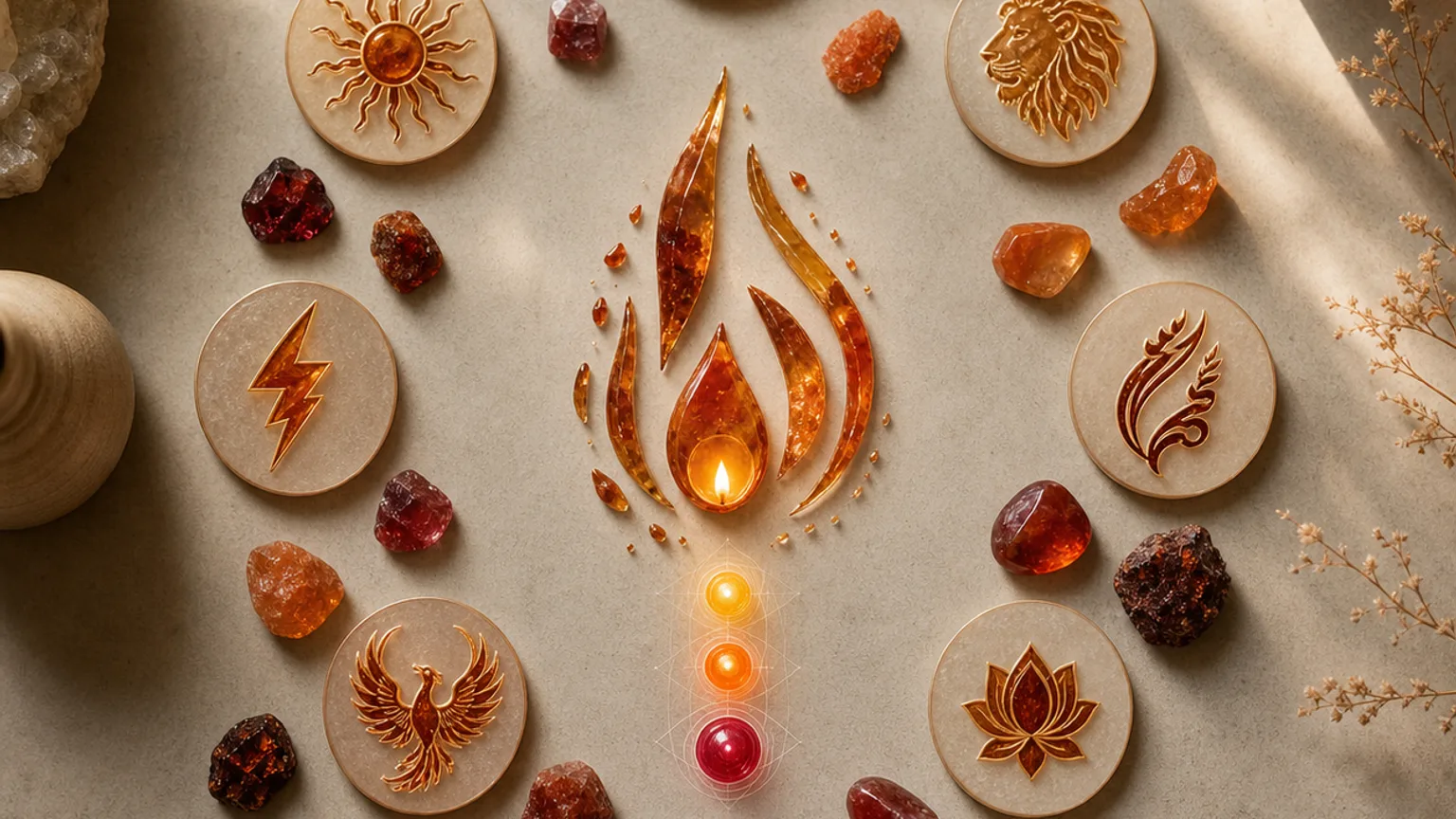 An Fire element concept diagram with the fire symbol at center, surrounded by its core qualities, zodiac signs, chakras and colors in a clean minimalist layout
