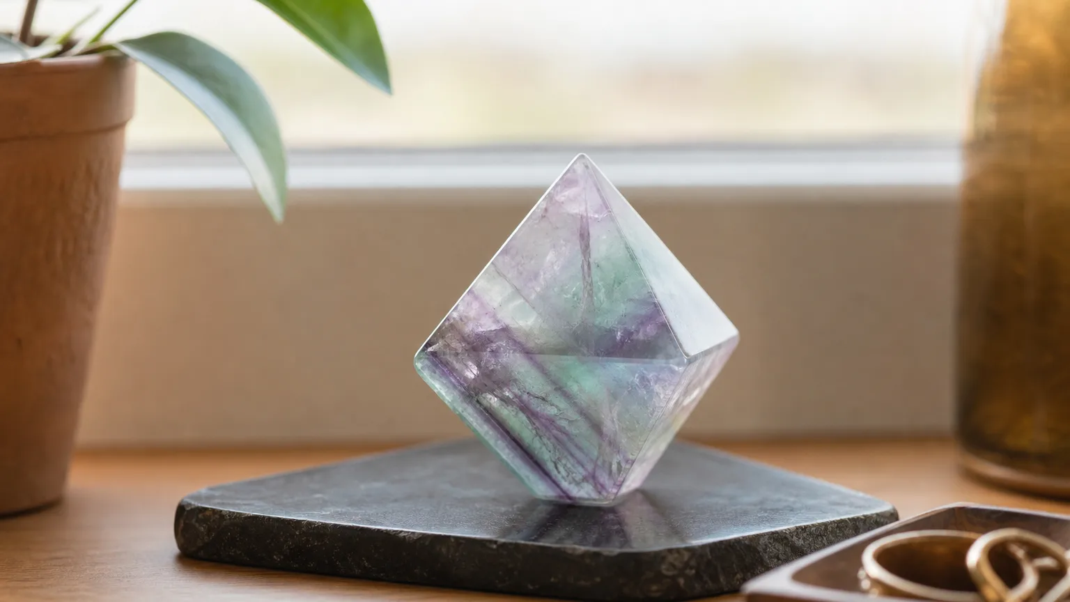 Fluorite Meaning: Healing Properties & Uses 5 Fluorite octahedron carved form for desk display