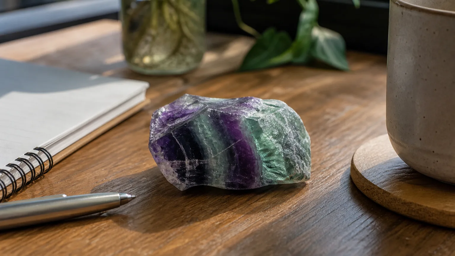 Fluorite Meaning: Healing Properties & Uses 4 Fluorite used on desk for focus