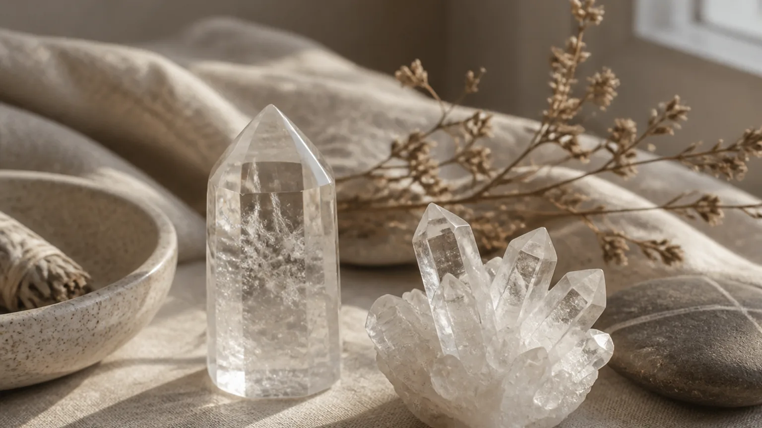 clear quartz and crystals for focus, concentration, and mental clarity