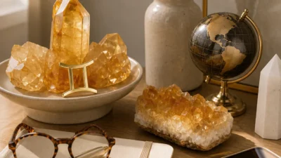 Gemini 2026 yearly horoscope with Citrine as crystal of the year, zodiac symbol ♊, representing communication, learning, and career visibility