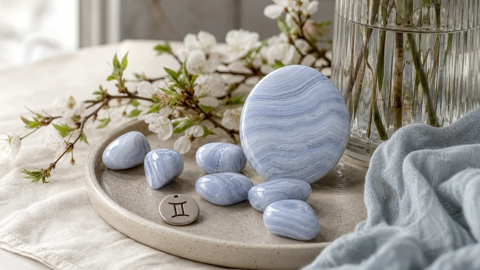 Gemini April 2026 monthly horoscope with Blue Lace Agate as crystal of the month, zodiac symbol ♊