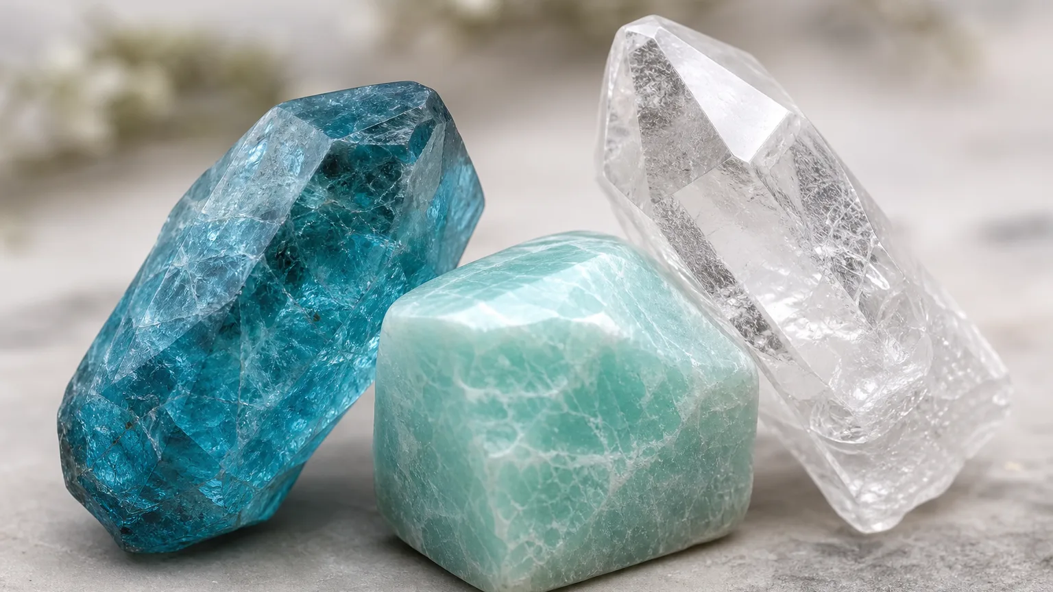 The best crystal pair for Gemini and Aquarius: Apatite, Amazonite, and Quartz shown together